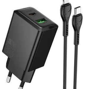 HOCO N71 NUEVO, ΣΕΤ ΓΡΗΓΟΡΗΣ ΦΟΡΤΙΣΗΣ, 30W, 2 ΘΥΡΕΣ, ΜΕ ΚΑΛΩΔΙΟ LIGHTNING, ΜΑΥΡΟ